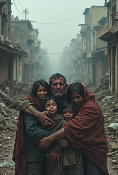Gaza children starving as displaced family huddles in destroyed street, symbolizing crisis and despair