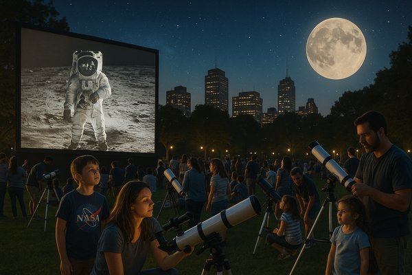 Moon Day 2025 stargazing celebration in a public park.