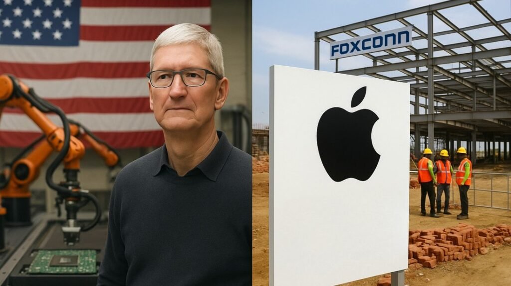 Apple Global Investment Shift showing Tim Cook at a U.S. factory with robotic chip assembly, and Foxconn workers building an iPhone display plant in India.