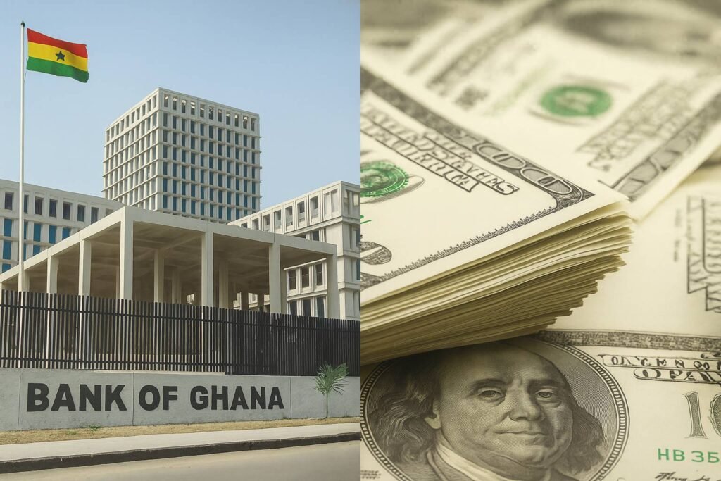 Stop Foreign Currency Cash Payments – Bank of Ghana headquarters in Accra with Ghana flag with foreign currency