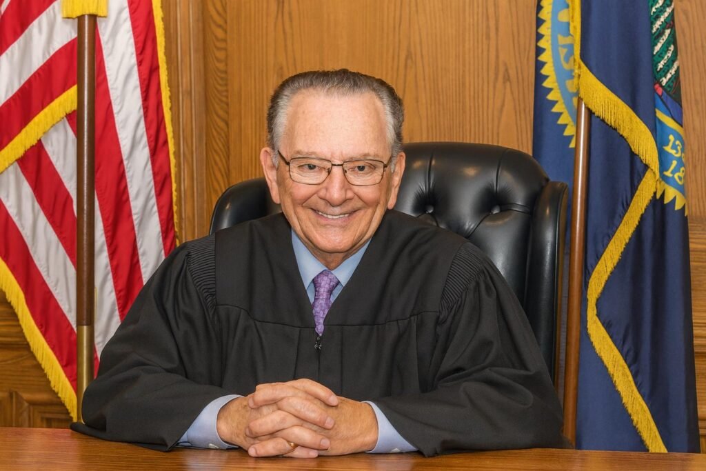 Judge Frank Caprio dies at 88 smiling in his courtroom chair, wearing a black judicial robe with flags behind him.