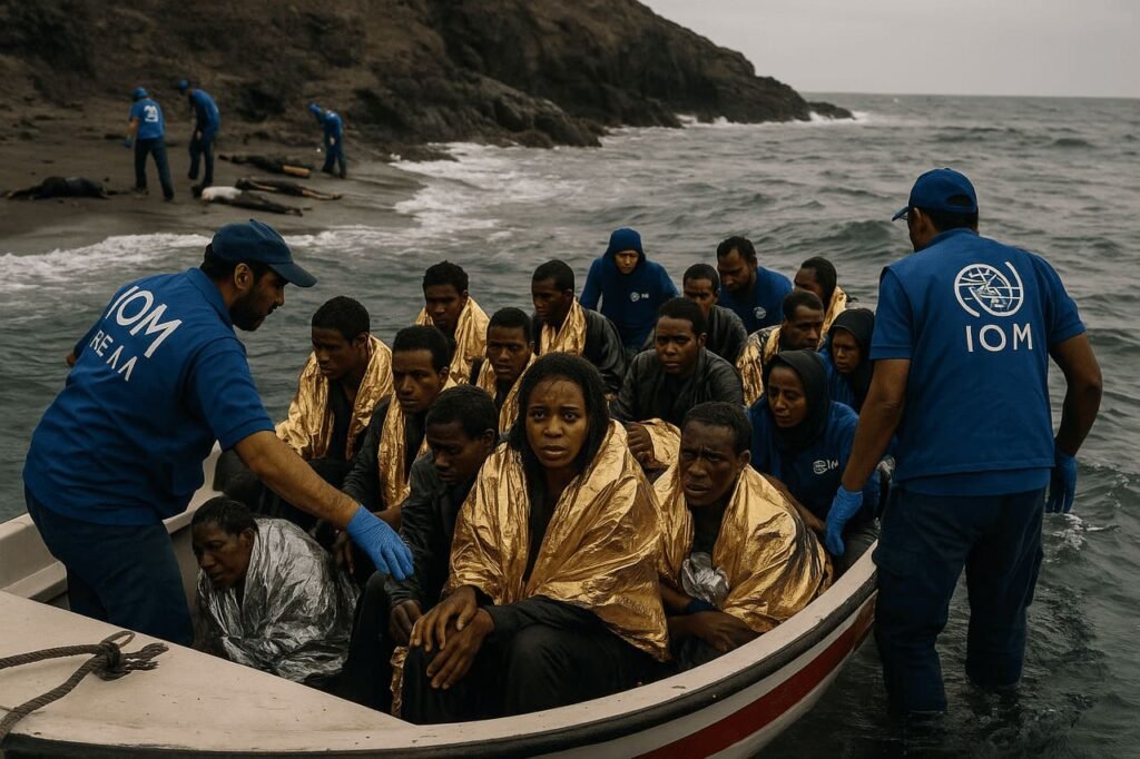 African Migrants Yemen Tragedy rescue scene showing survivors and coastguards after deadly boat capsizing in the Gulf of Aden