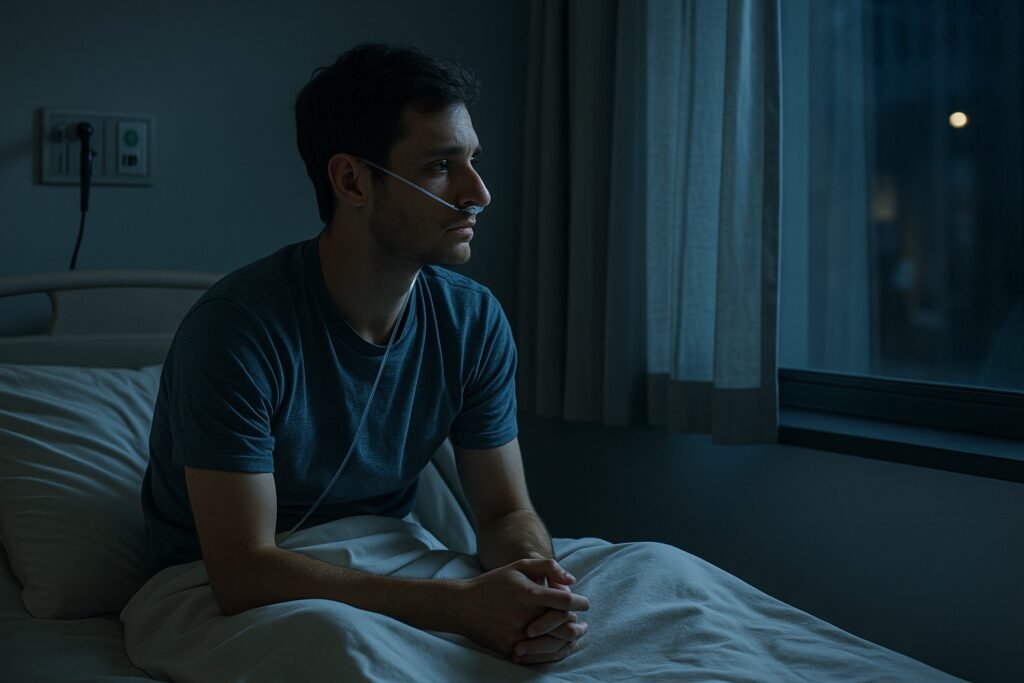 Long COVID patient sitting alone in a hospital bed at night, wearing a nasal cannula and looking out the window, symbolizing ongoing symptoms and emotional fatigue.