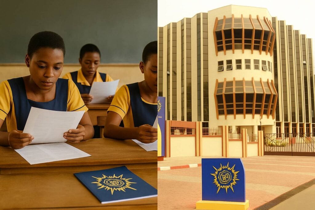 WAEC BECE 2025 Results released banner showing Ghanaian students in classroom reviewing exam papers
