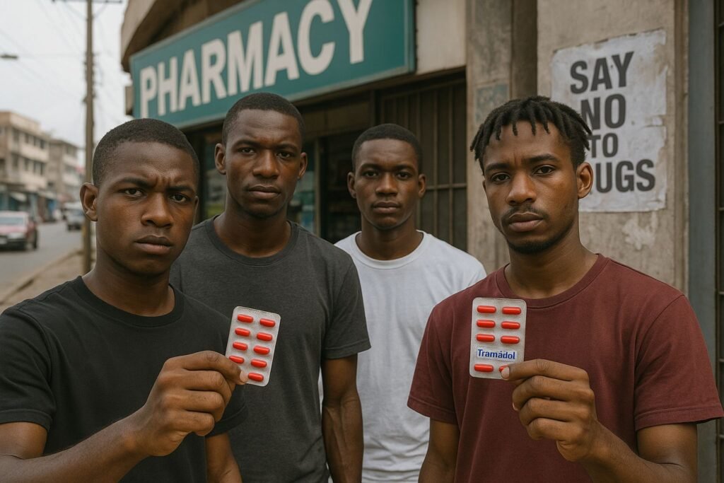 Opioid Abuse Ghana Youth holding red Tramadol blister packs outside a pharmacy with a visible “Say No to Drugs” poster.