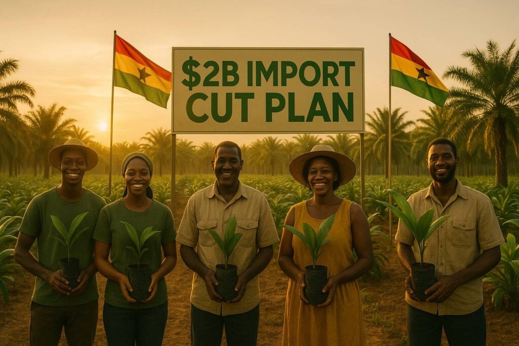 Ghana Oil Palm Import Cut Plan – panoramic sunrise view of farmers holding seedlings in a lush oil palm plantation with $2B Import Cut Plan banner and Ghanaian flags.