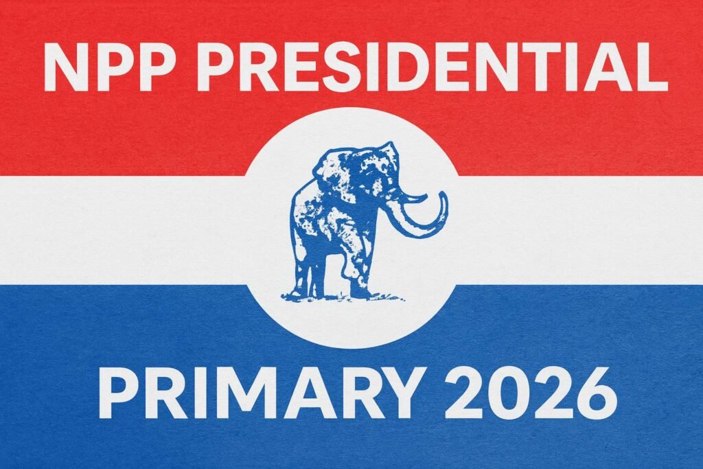 NPP Flagbearership Race banner for 2026 presidential primary with party colours red, white, blue and elephant symbol.
