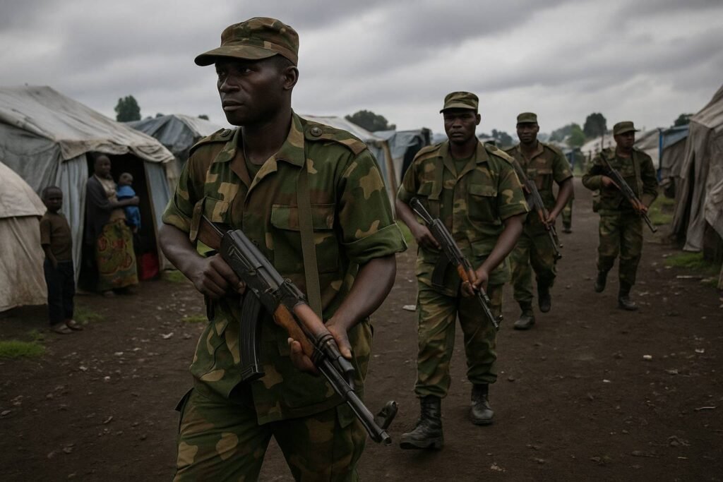M23 Congo Massacre shocking aftermath in Virunga village with soldiers walking past homes