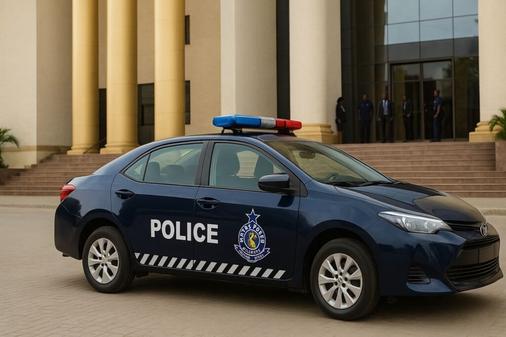 Stolen Police Car parked outside Ghana courthouse after suspect remanded