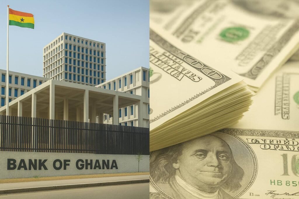 Bank of Ghana Dollar Ban as central bank enforces cedi-only payments with Ghana flag at headquarters in Accra.