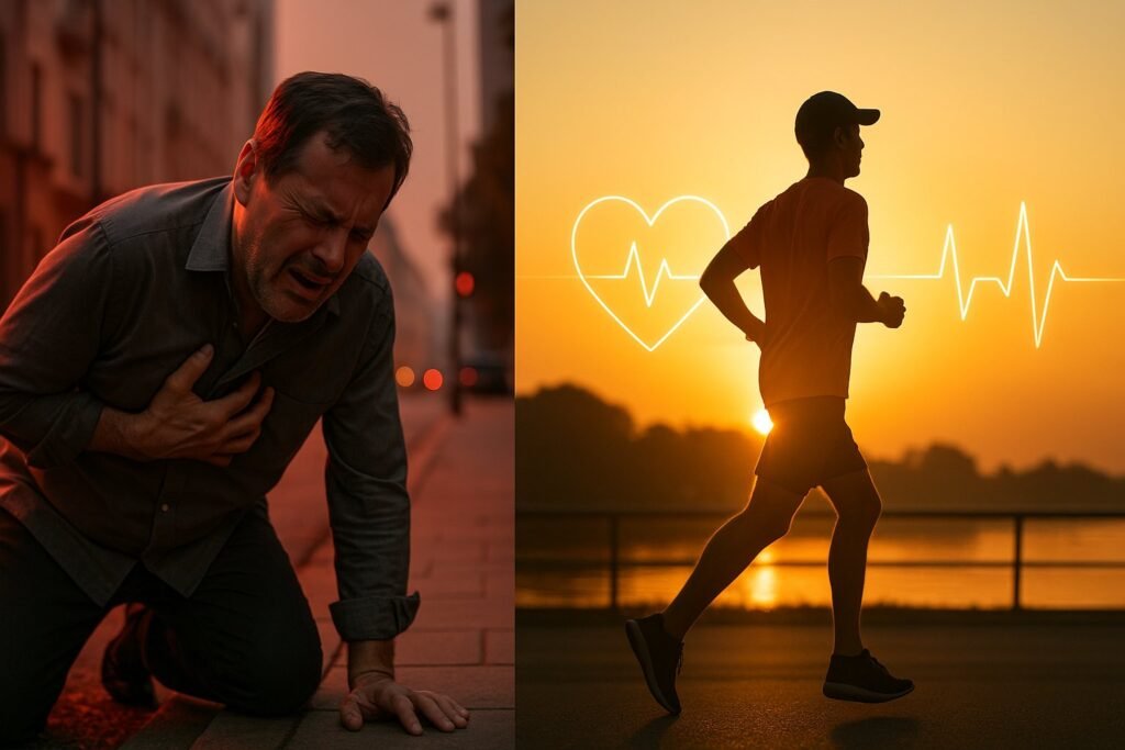 Cardiovascular Disease Awareness split image showing a heart attack victim on one side and a healthy jogger on the other.