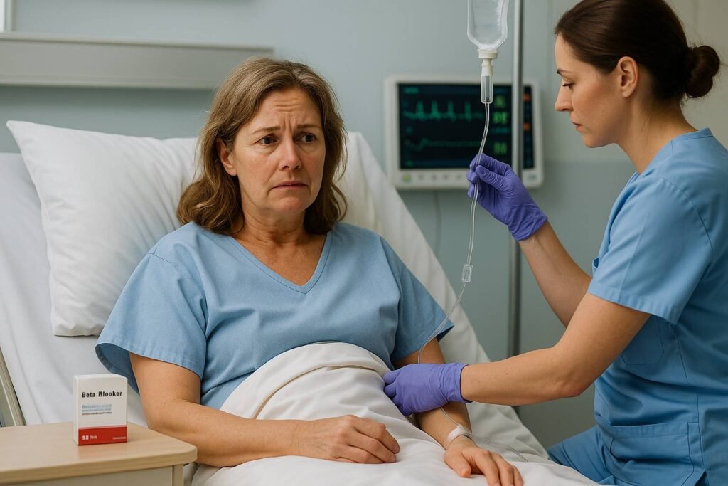 Heart Attack Drug Risk Women — patient in hospital bed receiving IV with beta-blocker pills nearby.