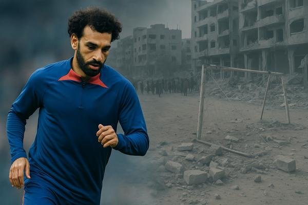 Gaza humanitarian crisis — Mohamed Salah in training kit with war-damaged Gaza football ground in background