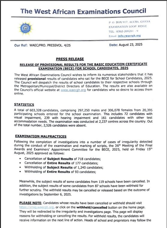 WAEC BECE 2025 Results press release — statistics and malpractice summary (Page 1)