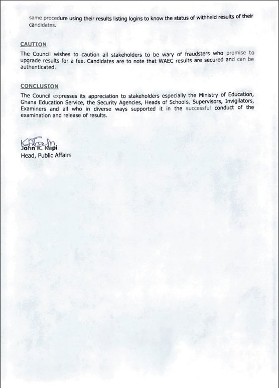 WAEC BECE 2025 Results press release — caution and conclusion (Page 2) signed by John K. Kapi