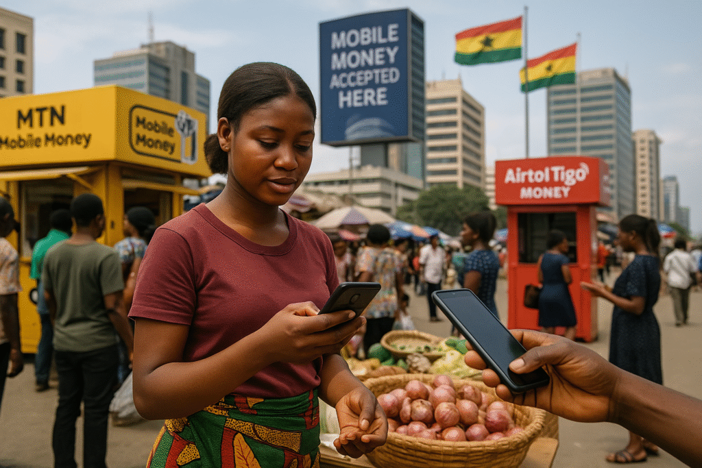 Mobile Money Ghana hits GHC354.1bn in August 2025 with traders and customers using digital payment services across Accra.