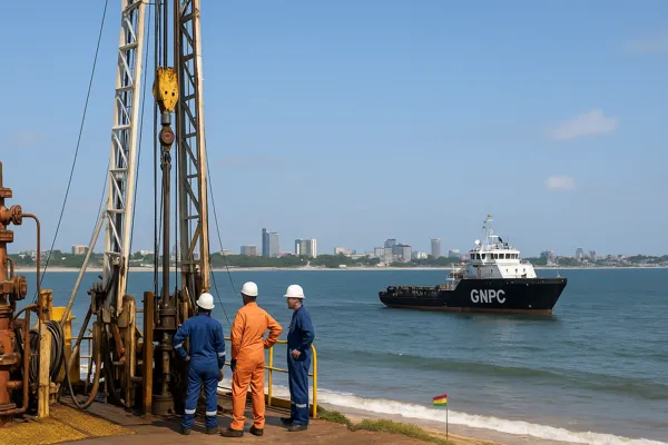 Ghana exploration wells project with GNPC vessel offshore and workers on drilling rig.