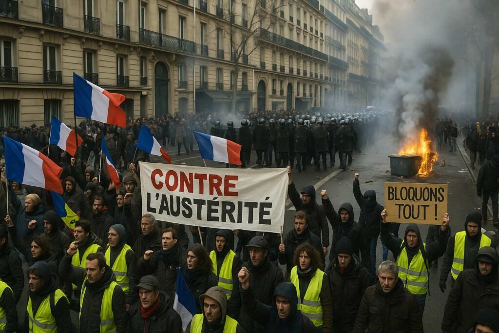 France hit by protests and disruption as demonstrators march in Paris with French flags, banners, and riot police confronting them amid smoke and fire.