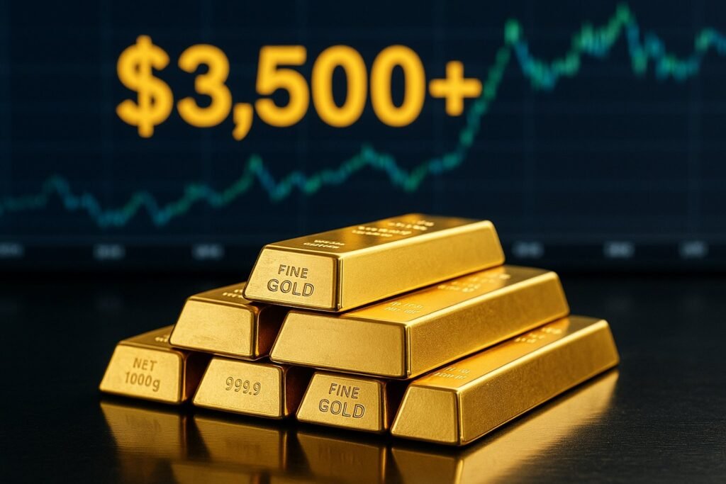 Gold Price Record High with stacked bullion bars on reflective surface and ticker showing $3,500+