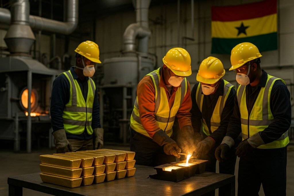GoldBod Refining plant in Ghana with workers pouring molten gold into molds under bright industrial lighting