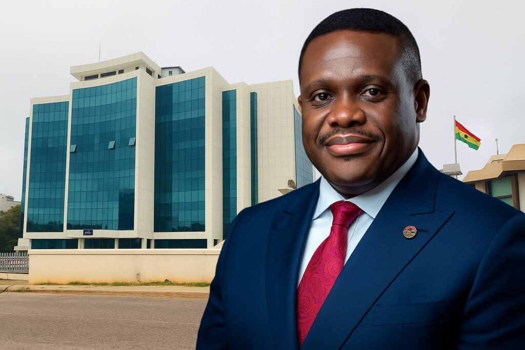 MultiChoice Ghana shutdown warning as Minister Sam George stands before the Ministry of Communications building in Accra.