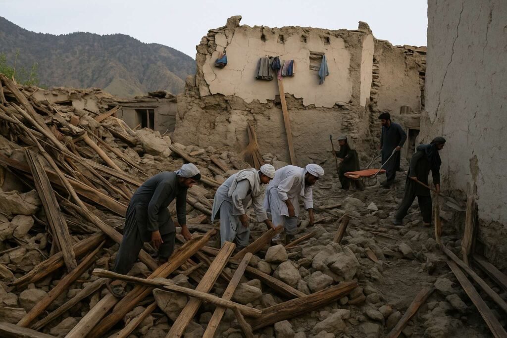 Afghanistan Earthquake survivors stand near destroyed mud homes in Laghman Province