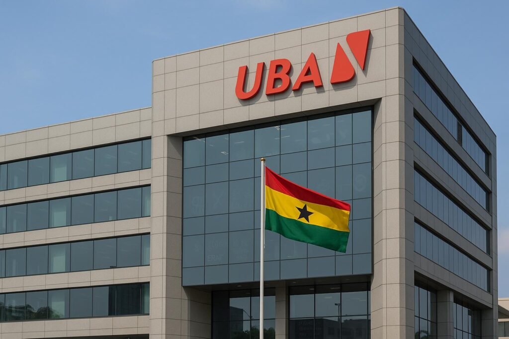 BoG UBA Ghana suspension – Editorial photograph of UBA building in Accra with the UBA logo and Ghana national flag during forex licence halt.