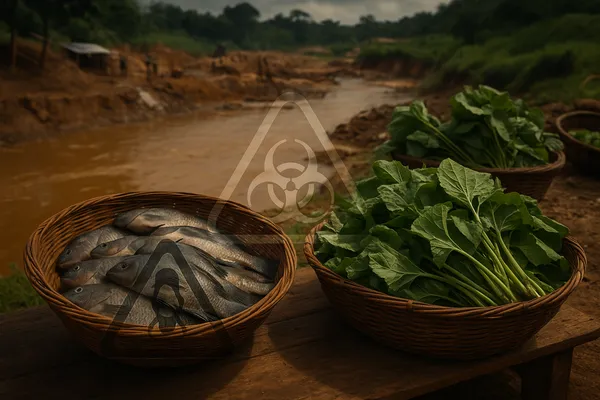 Toxic levels of lead in fish and vegetables from Ghana’s mining areas, showing tilapia and leafy greens at a market with polluted river in the background.