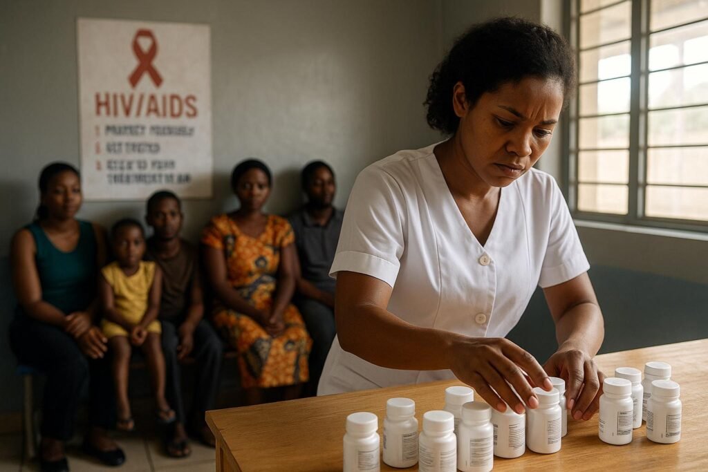 Trump HIV/AIDS Funding Halt shows a worried nurse arranging half-empty HIV drug bottles as patients wait in a rural African clinic.