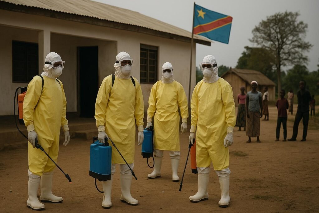 Congo Ebola Outbreak response in Kasai Province as health workers in PPE disinfect a rural facility while villagers watch at a distance.