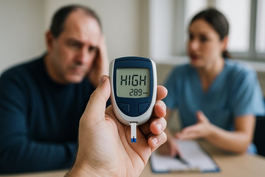 Diabetes Study shows a blood glucose meter reading high sugar levels as a worried patient consults a nurse, highlighting undiagnosed diabetes risks.