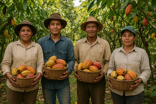 Ecuador Cocoa Grower opening a ripe cocoa pod on a farm with trucks loading sacks in the background.