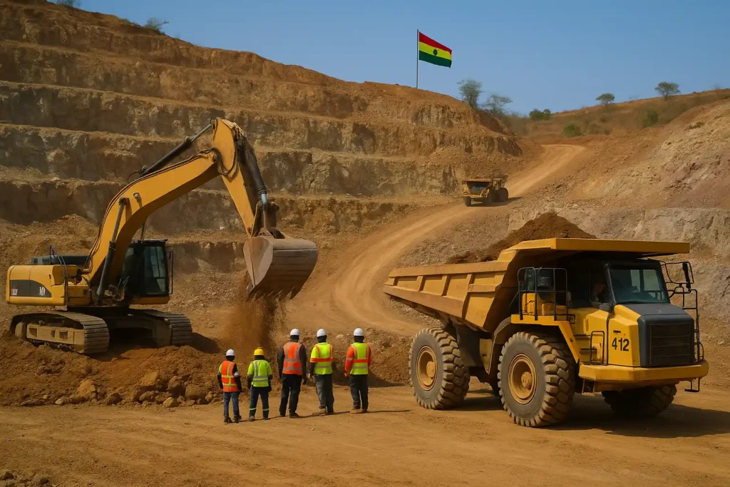 Engineers and Planners takeover of Black Volta and Sankofa Gold projects showing mining equipment, workers, and Ghana flag on site.