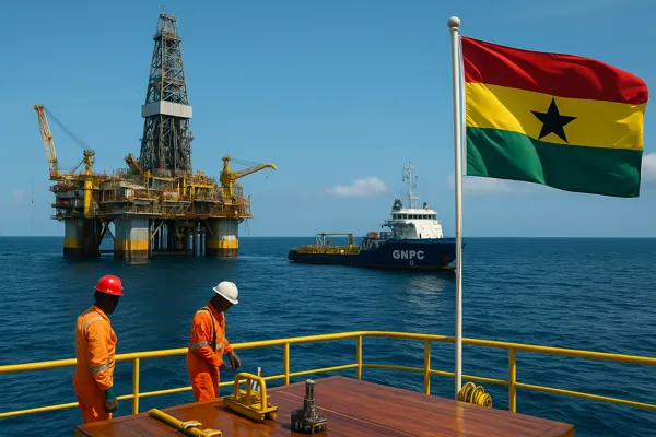 Ghana Signs USD 1.5 Billion Deal offshore oil rig with GNPC vessel and workers at sea under Ghanaian flag.