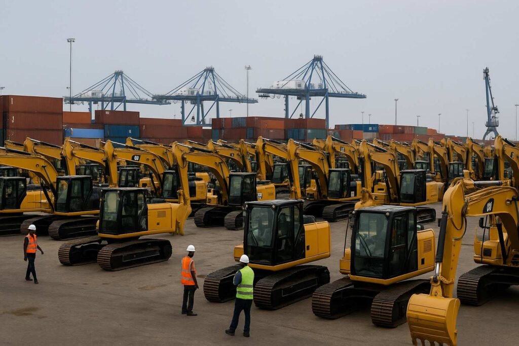 Ghana excavator imports at Tema Port showing rows of yellow excavators with workers inspecting them, highlighting West Africa’s highest import levels.