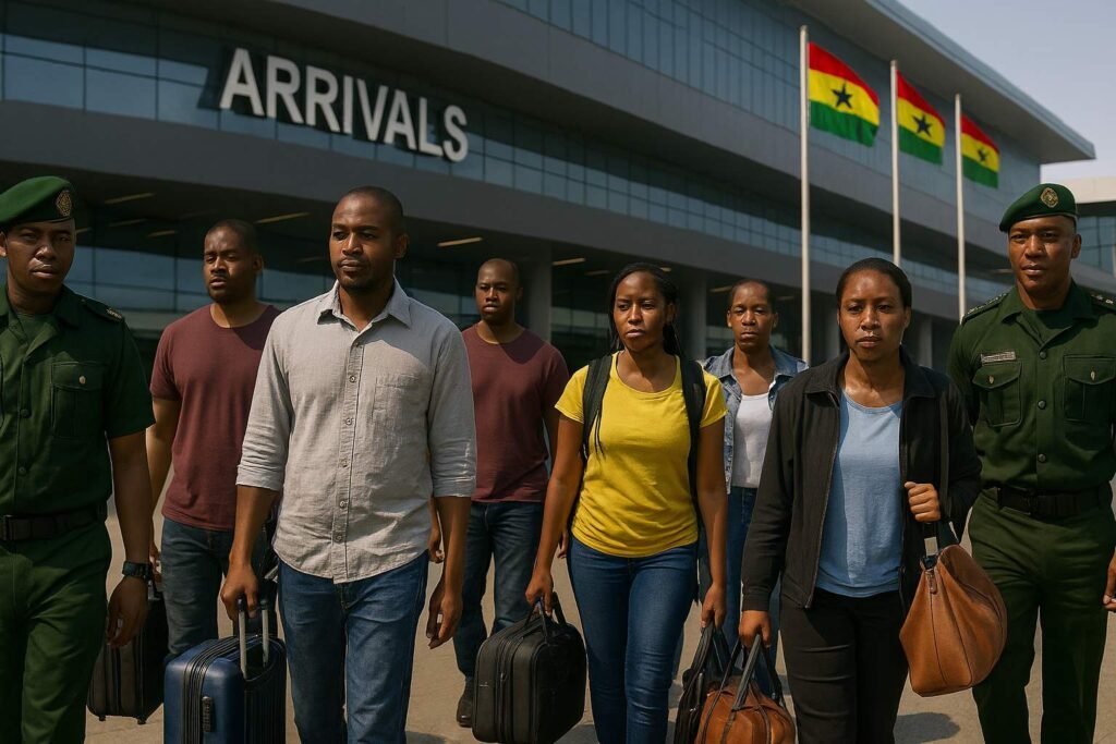 Ghana received deported West Africans from US as immigration officers escort arrivals at Kotoka International Airport.