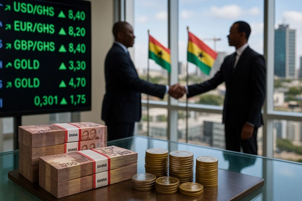 Ghana Trade Surplus with cedi banknotes, coins, and stock ticker showing rising currency and commodity values in Accra.