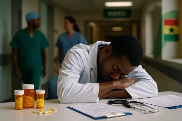 Ghanaian Doctors Mental Health crisis shown by a tired doctor resting on a desk with pill bottles, highlighting burnout and substance abuse in hospitals.