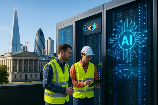 Google AI Investment data centre in UK with engineers and London skyline
