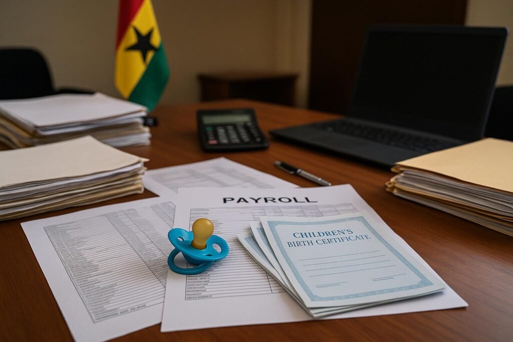 Audit uncovers babies on NSA payroll with birth certificates and payroll documents on desk in Ghana office