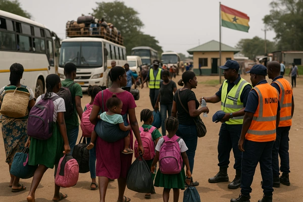 Gbeniyiri conflict returnees at Ghana–Côte d’Ivoire border with families assisted by NADMO officials