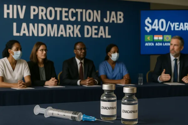 HIV protection jab landmark deal announced at international conference with health workers, policymakers, and lenacapavir vials displayed.