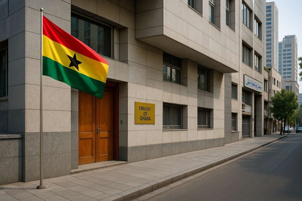 Ghana Tehran Embassy Reopening with Ghana flag outside embassy building in Tehran