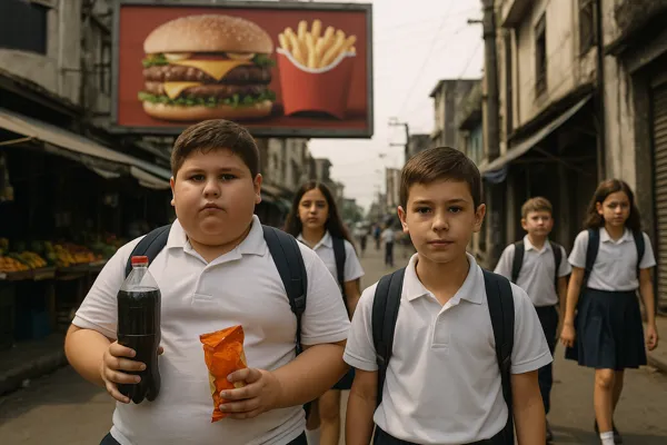Children Obesity UNICEF Report shows overweight child with soda and chips beside peers in school uniforms, symbolizing global nutrition crisis.