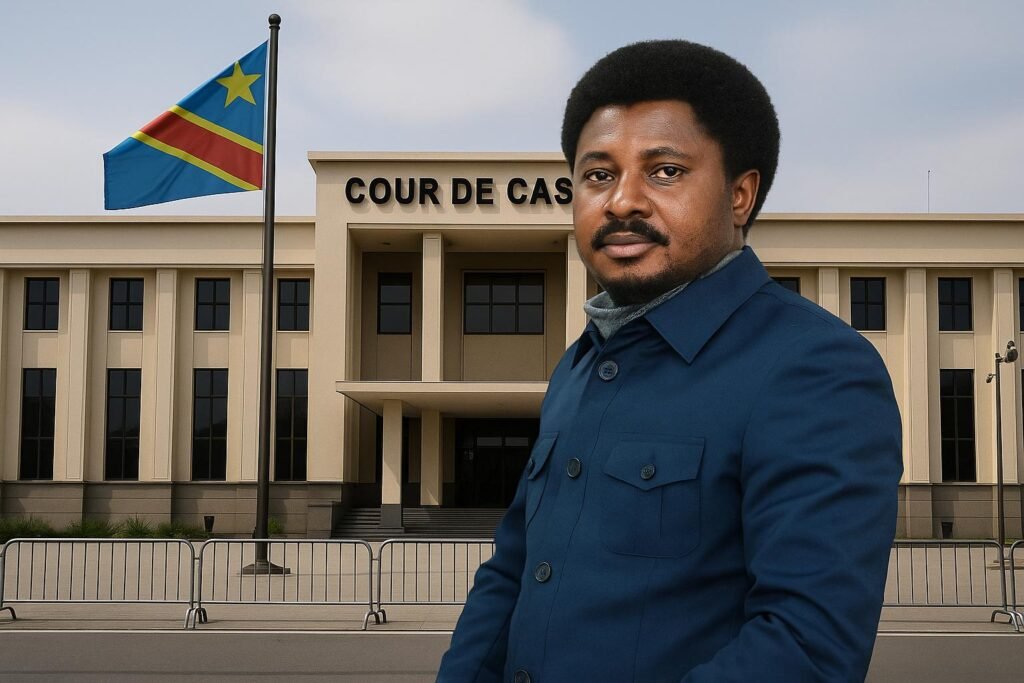 Congo ex-justice minister convicted of embezzlement outside the Court of Cassation in Kinshasa, with the Congolese flag displayed at the entrance.