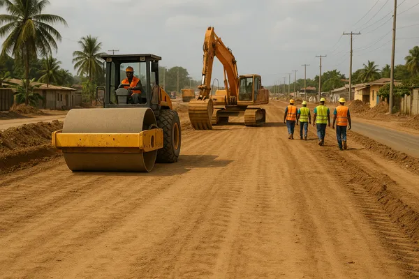 Ghana Debt Restructuring road project with workers and heavy equipment in Accra