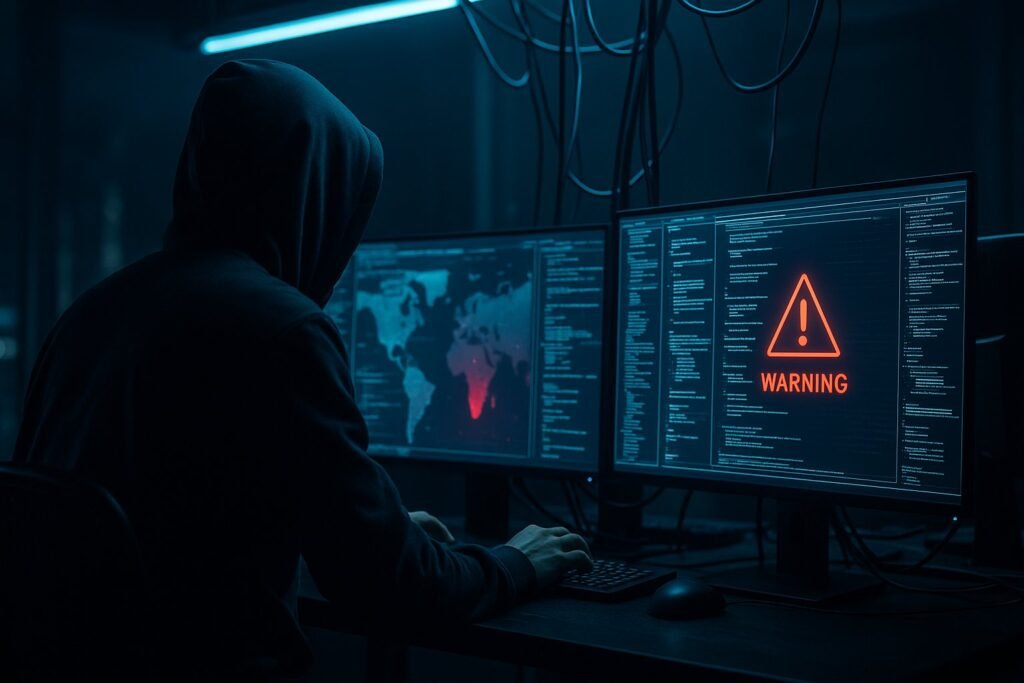 Ghana cyber crime causes GH₵14.94m losses in 2025, shown with hacker in dark room and warning screens.