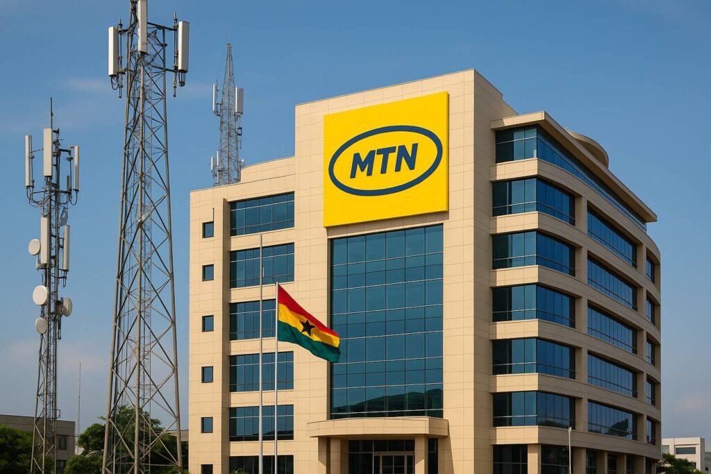 MTN Ghana 2G and 3G shutdown building with telecom towers and Ghana flag in Accra