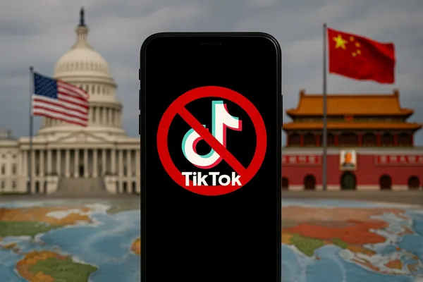 TikTok Ban with US Capitol and China’s Great Hall in background, symbolizing Washington–Beijing tensions over tariffs and tech demands.