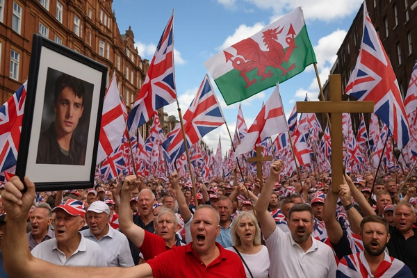 UK Anti-Immigration Protest in London with flags and crowds filling the streets during the 2025 march.